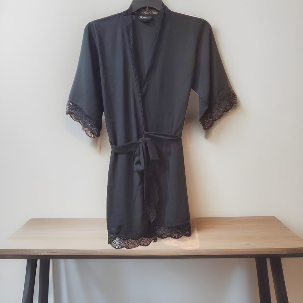 I.N.C. International Concepts Lace Trim Short Robe Black XS