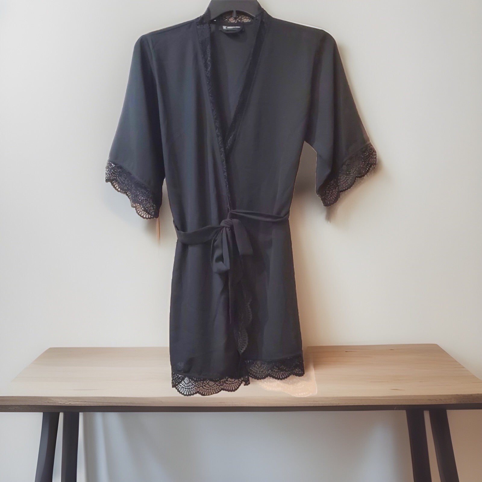 I.N.C. International Concepts Lace Trim Short Robe Black XS
