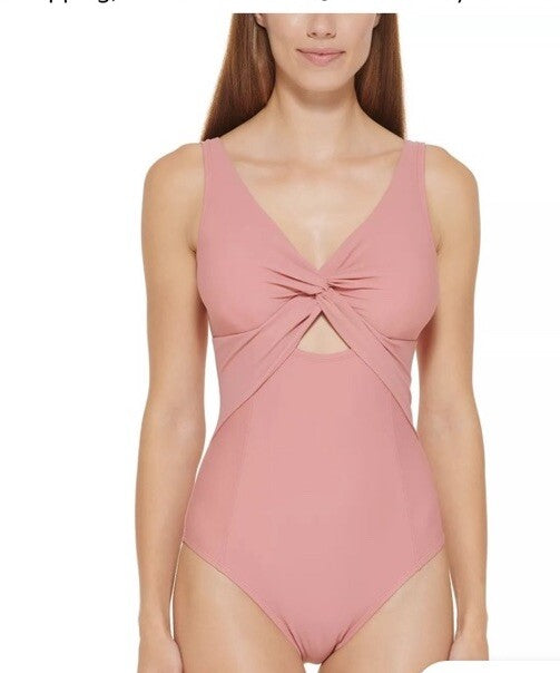 MSRP $108 Dkny Peek-A-Boo Twist One-Piece Womens Pink Size 16