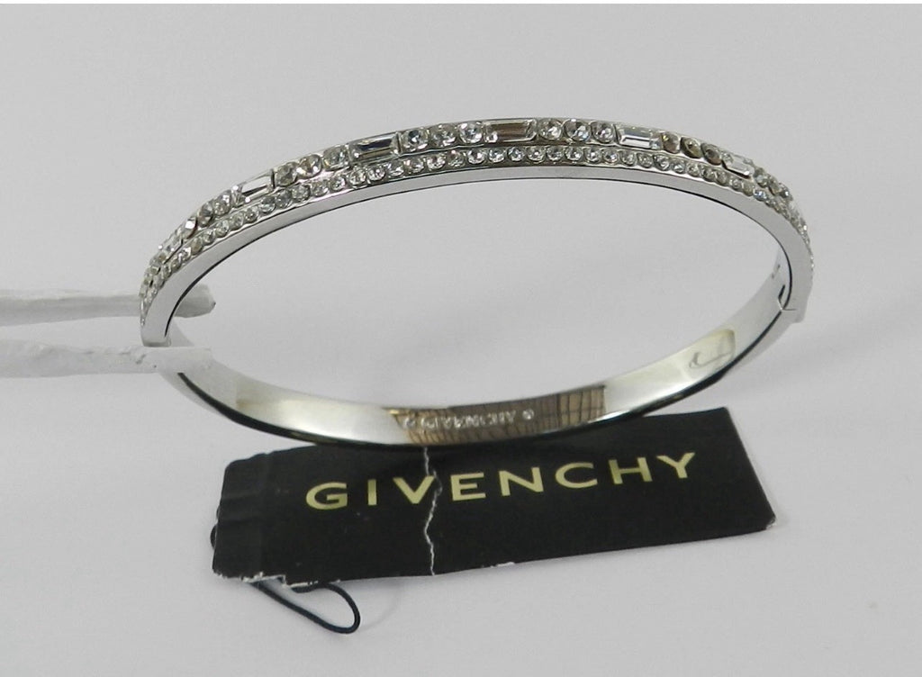 Givenchy Womens Silver Tone Crystal Hinged Bangle Bracelet Pave Rhinestone Logo