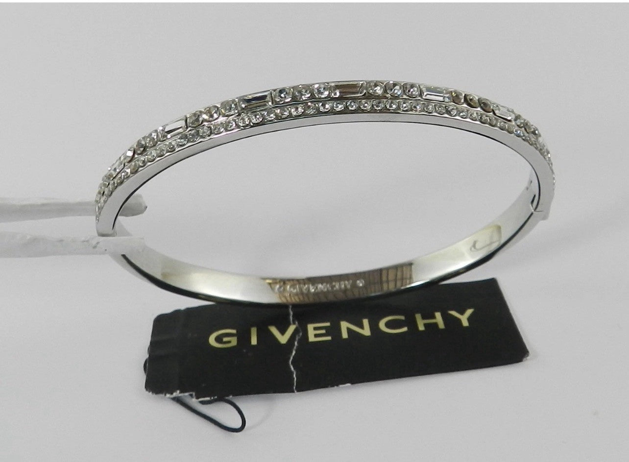 Givenchy Womens Silver Tone Crystal Hinged Bangle Bracelet Pave Rhinestone Logo