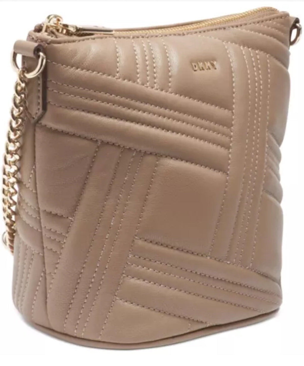 DKNY Allen Crossgrid Bucket Bag Crossbody Soft Leather Quilted Tan Top Zip NEW