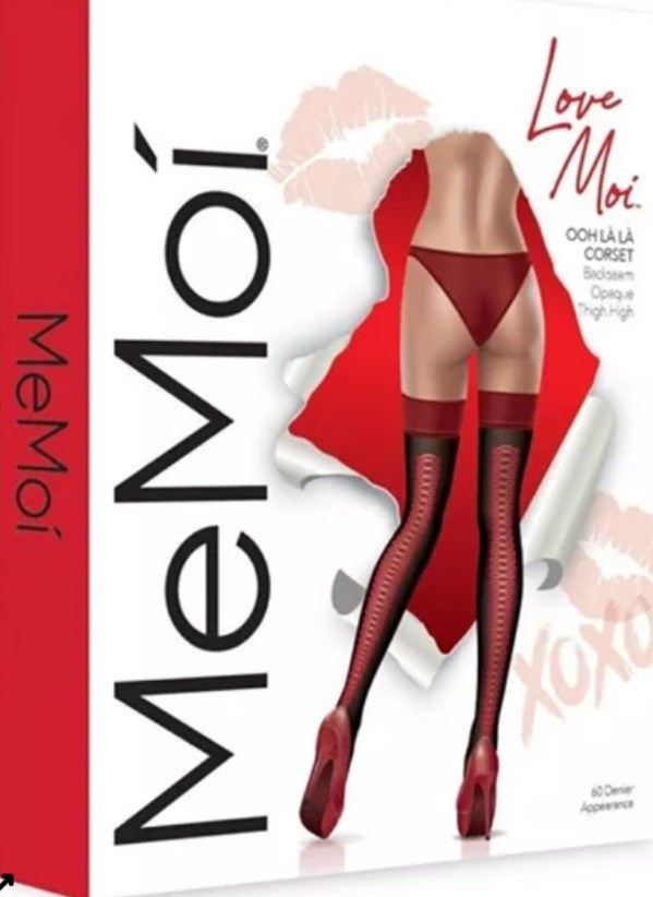 MeMoi Women's Corset Backseam Thigh High Stockings Black/Red L/XL