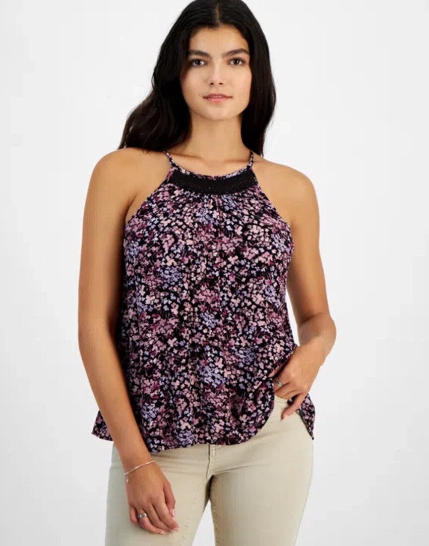 Hippie Rose Juniors' Crochet-Trim High-Neck Tank Top XS Purple Floral 