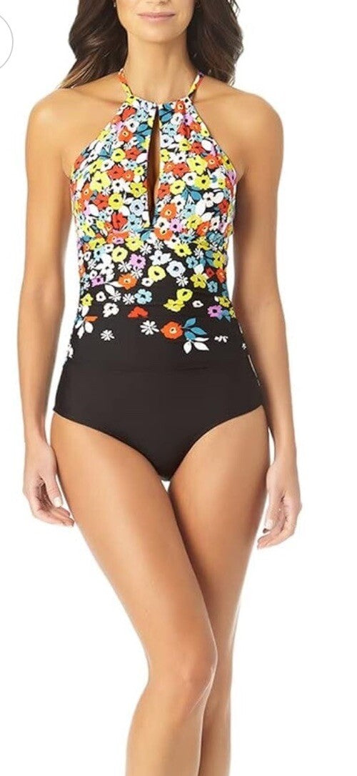 Anne Cole Flower Field High Neck Ruffle Straps One-Piece Swimsuit NEW SIZE 10