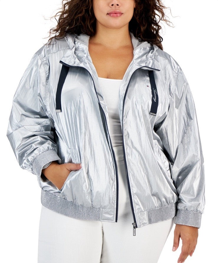 Tommy Hilfiger Plus Size Hooded Metallic Windbreaker 2X