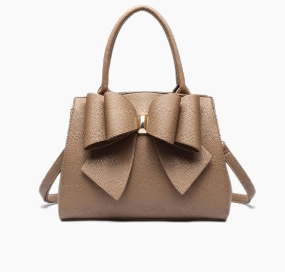 Park Bowtie Satchel Bag Shoulder Top Handle Camel Vegan Leather Detachable Strap