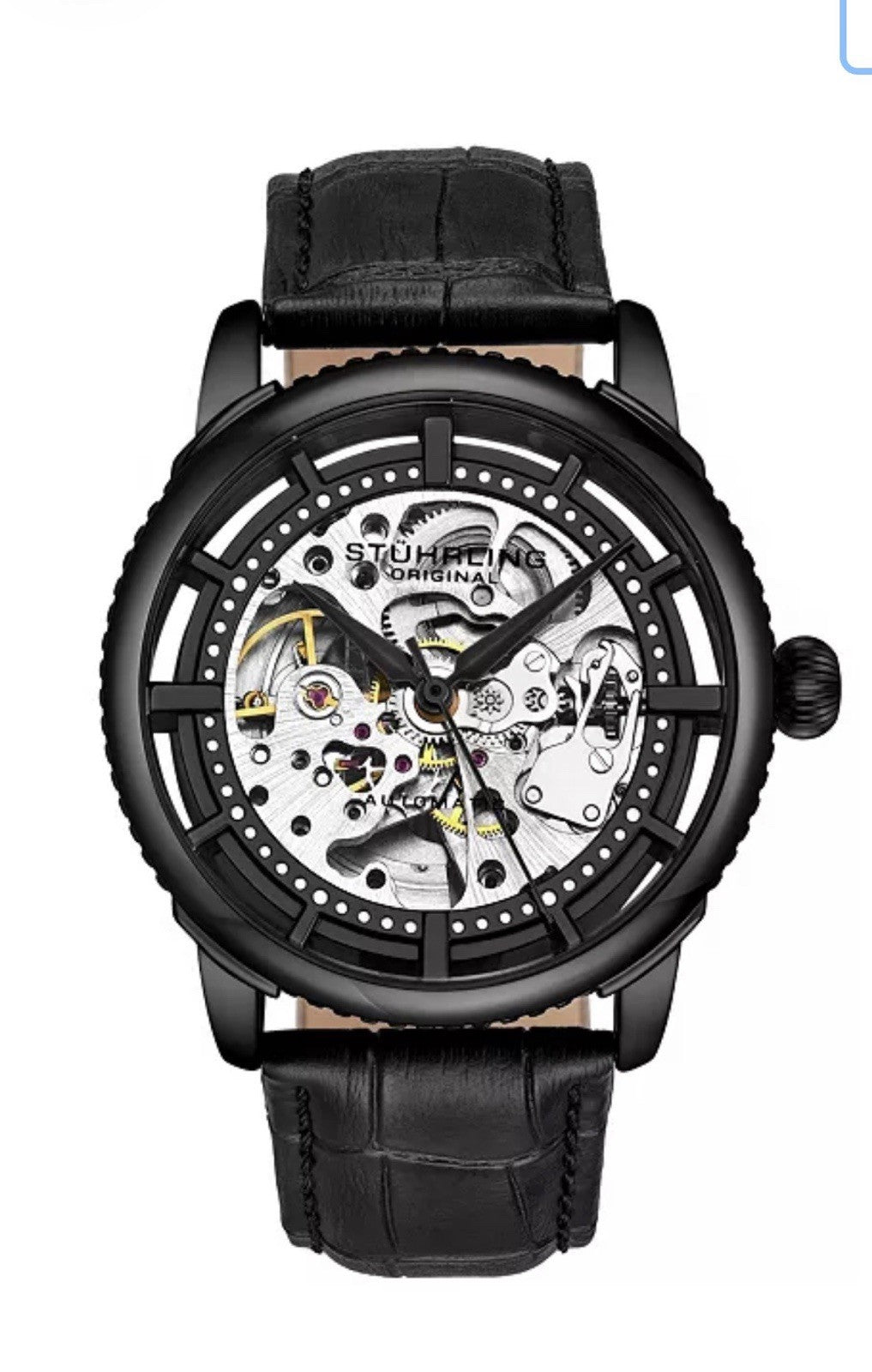 StuhrlingMen's Black Alligator Embossed Genuine Leather Strap Watch 42mm
