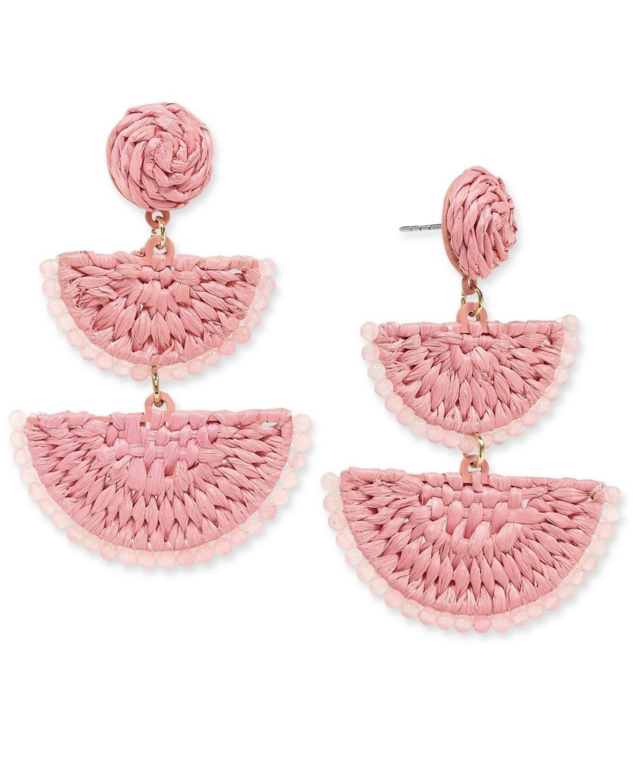 On 34th Woven Raffia and Seed Bead Dangle Earrings Pink Multi New with Tags