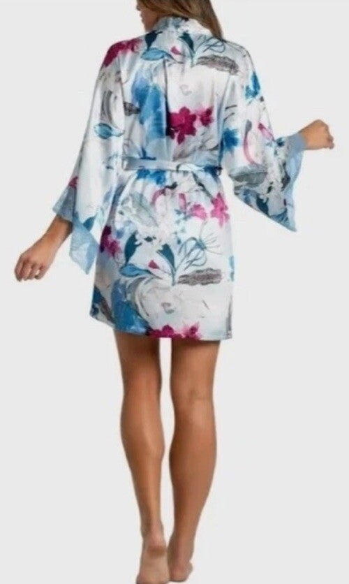 Linea Donatella Women's Ayanna Satin Lace-Trim Robe - Blue S/M,