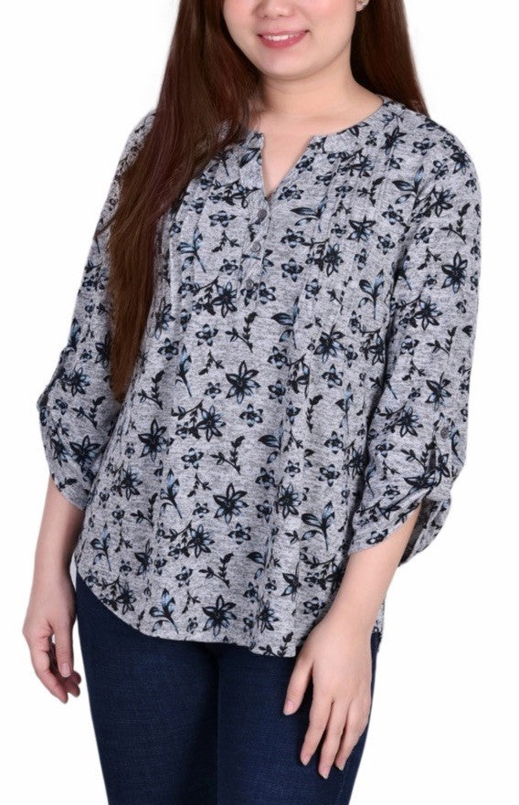 NY Collection Petite Size 3/4 Roll Sleeve Top PM