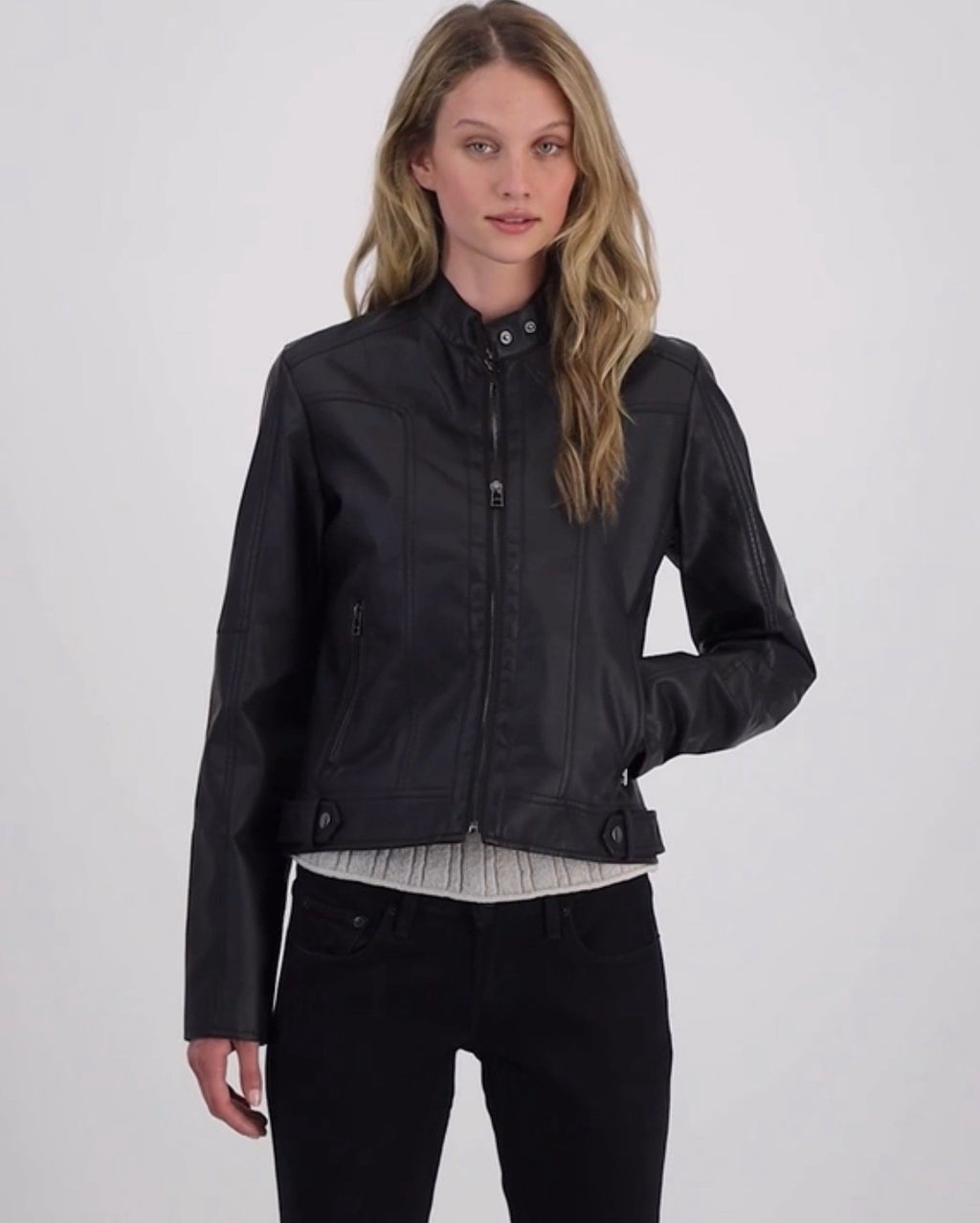 Maralyn & Me Faux-Leather Zip-Front Jacket Juniors S. Black Snap Closure Collar