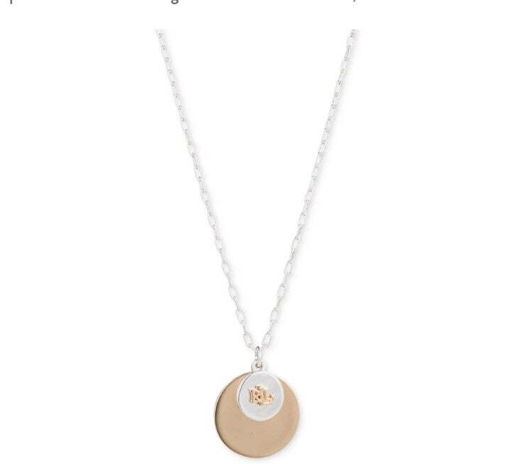 Ralph Lauren Two-Tone Logo Disc Pendant Necklace, 16" + 3" 