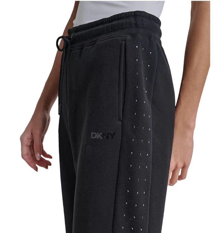 DKNY Sport Women's Rhinestone Embellished Fleece Jogger Sweatpants Size S Black