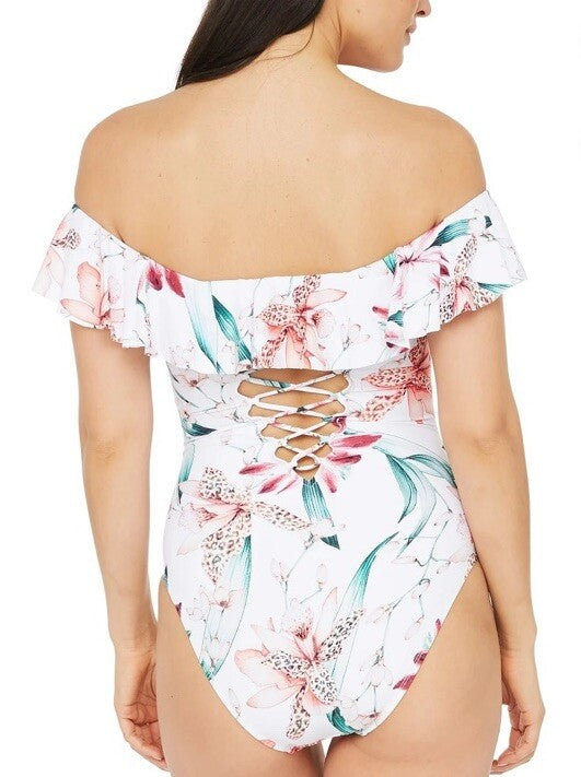 LA BLANCA Flyaway Orchid Printed Ruffle Off-the-Shoulder One-Piece Swimsuit 8,