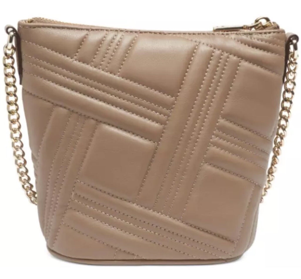 DKNY Allen Crossgrid Bucket Bag Crossbody Soft Leather Quilted Tan Top Zip NEW