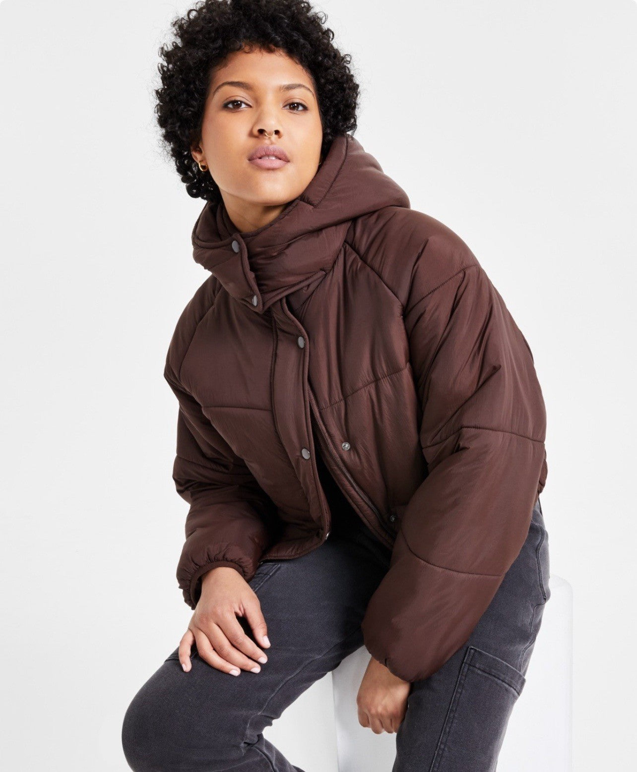 CoffeeShop Juniors' Cropped Hooded Puffer Coat Size M Cholate
