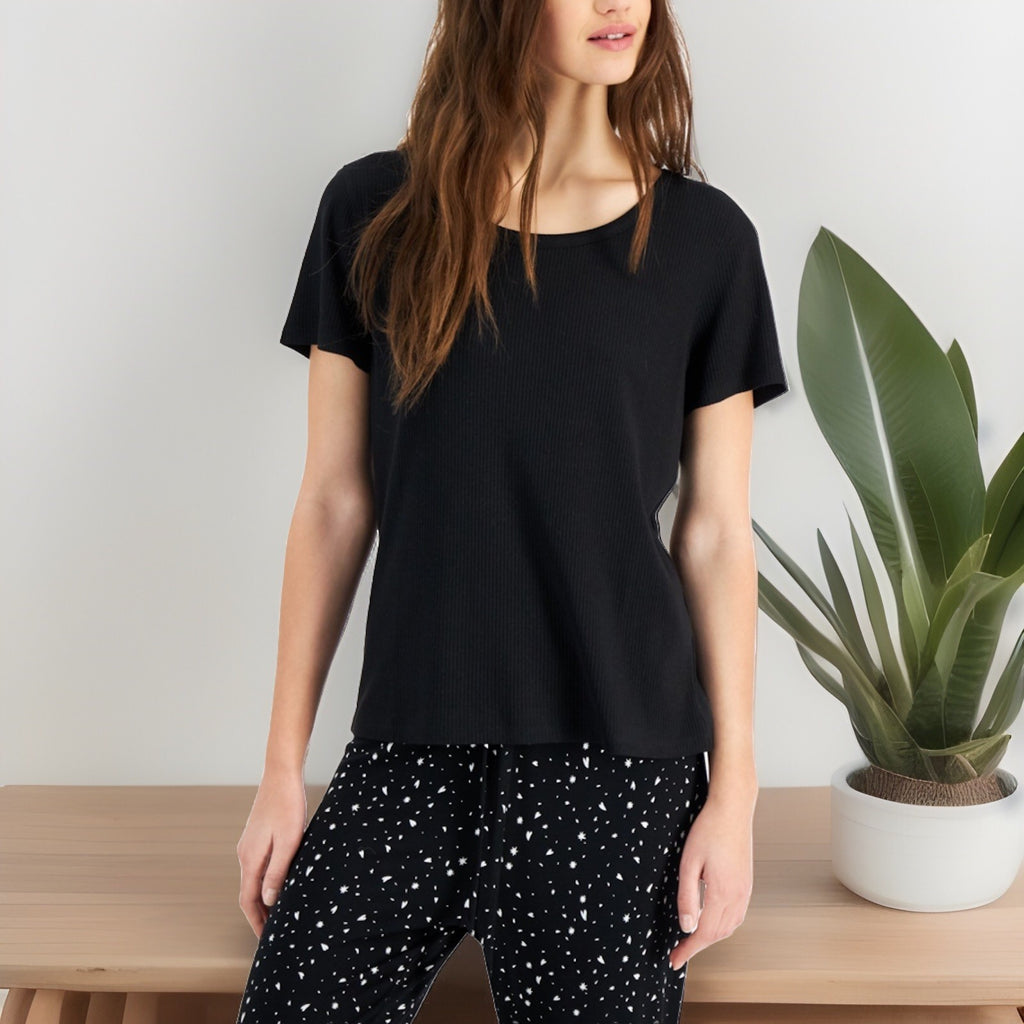 Jenni Solid Ribbed Sleep Top, Black XL Short Sleeve 