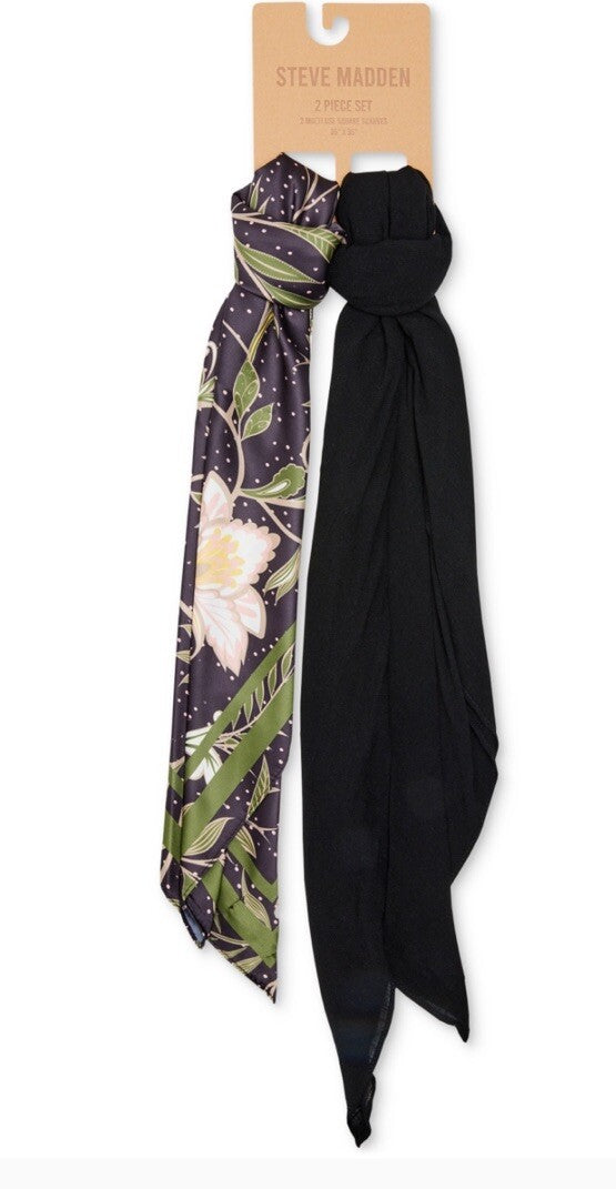 Steve Madden Women's Satin Square & Gauze Scarf Set - Black 35"