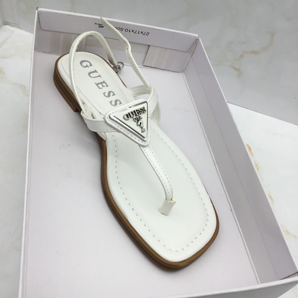 GUESS Women's Rainey Logo Sqaure Toe T-Strap Flat Sandals White 6M
