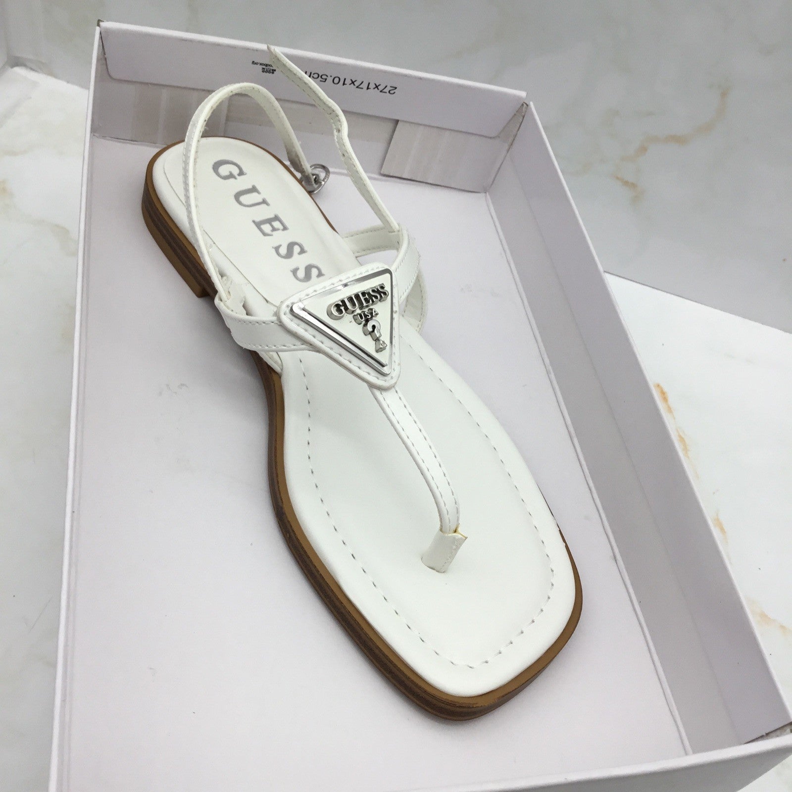 GUESS Women's Rainey Logo Sqaure Toe T-Strap Flat Sandals White 6M