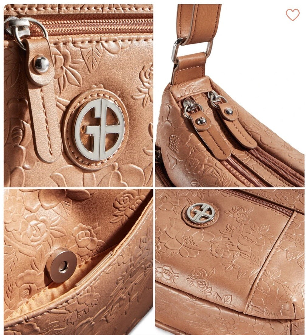 Giani Bernini Pebble Faux Leather Tooling Hobo Shoulder Bag NWT - Cognac