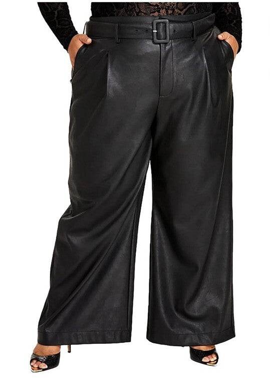 Nina Parker Women's Black Faux Leather Belted Wide Leg Pants Size 20W
