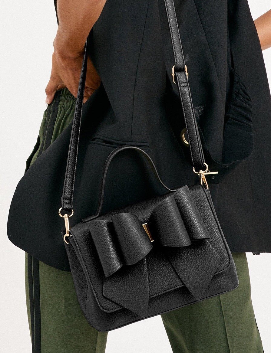 GROSSI/LIKE DREAMS Eva double bowtie vegan leather top handle crossbody -BLACK