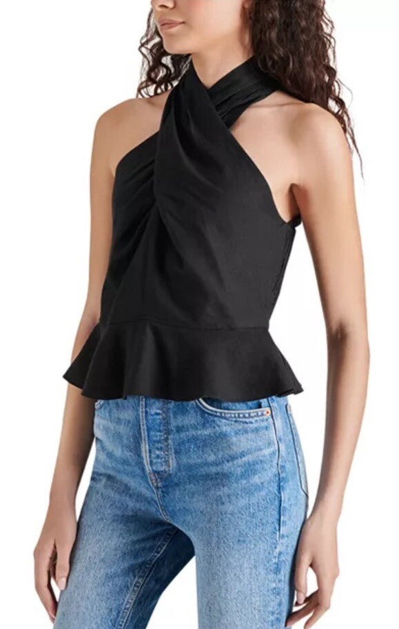 STEVE MADDEN Kosta Crossover Linen Peplum Top Black Large 