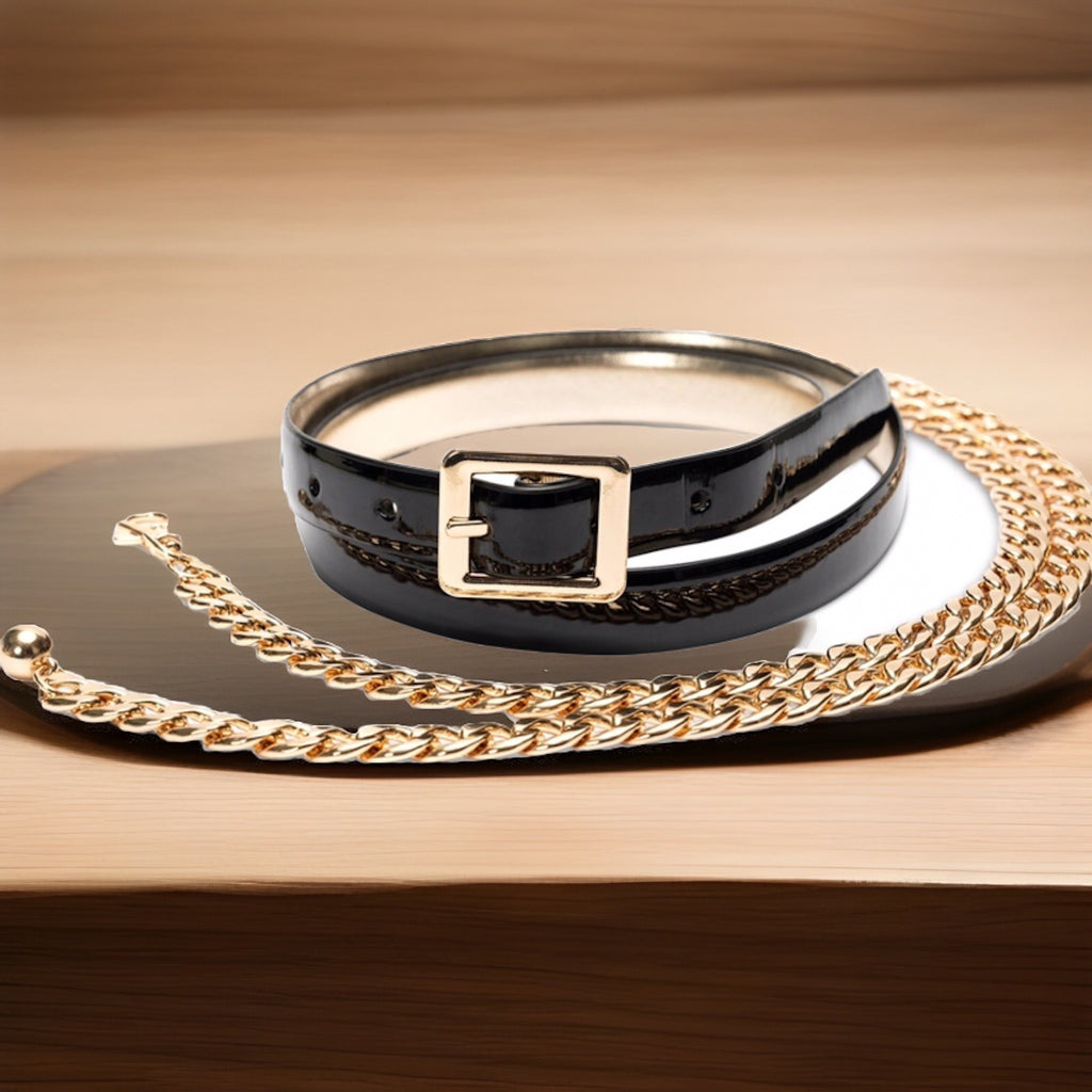 I.N.C. International Concepts Women's Reversible & Chain Belt Set,black/gold M
