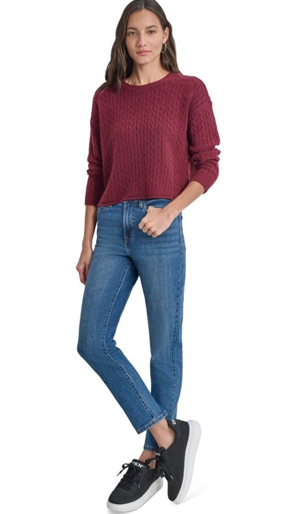 DKNY Jeans Petite Crewneck Cable-Knit Sweater Burgundy PS
