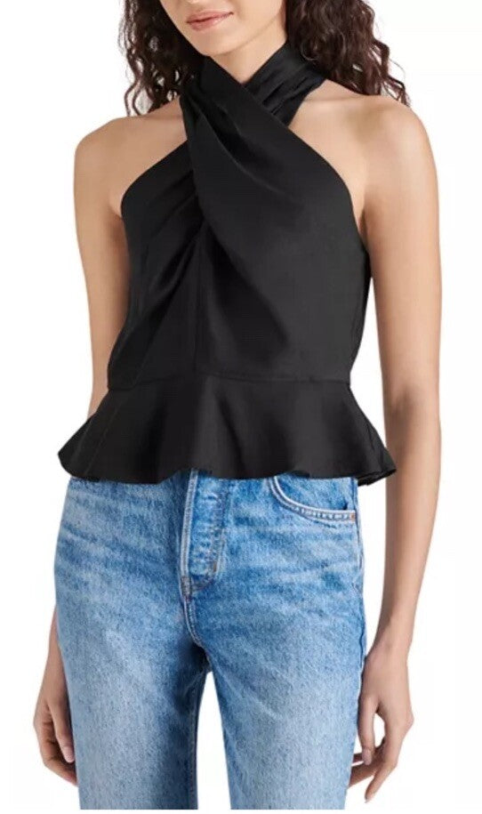 STEVE MADDEN Kosta Crossover Linen Peplum Top Black Large 