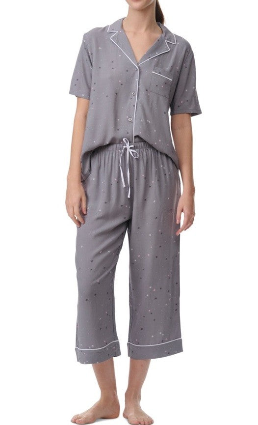 Splendid Womens Notch Collar Woven Capri Pajama Set, Scatter Star, SMALL