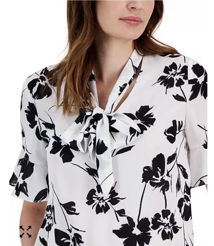 Kasper Womens Blouse Top Printed Tie Neck Ruffle Sleeve Vanilla Ice/ Black Sz M