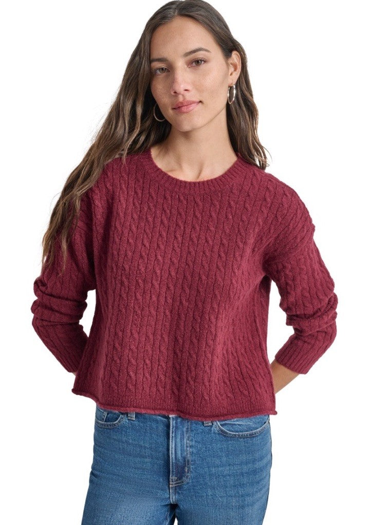 DKNY Jeans Petite Crewneck Cable-Knit Sweater Burgundy PS