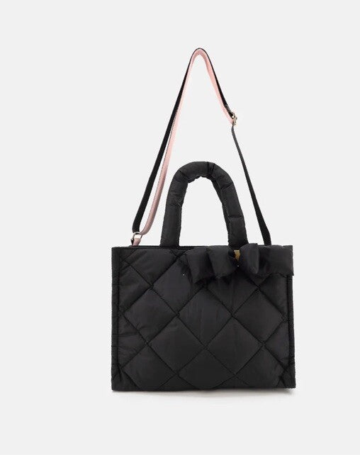 LIKE DREAMS Serenity Bow puffer nylon small women's tote crossbody bag -BLACK