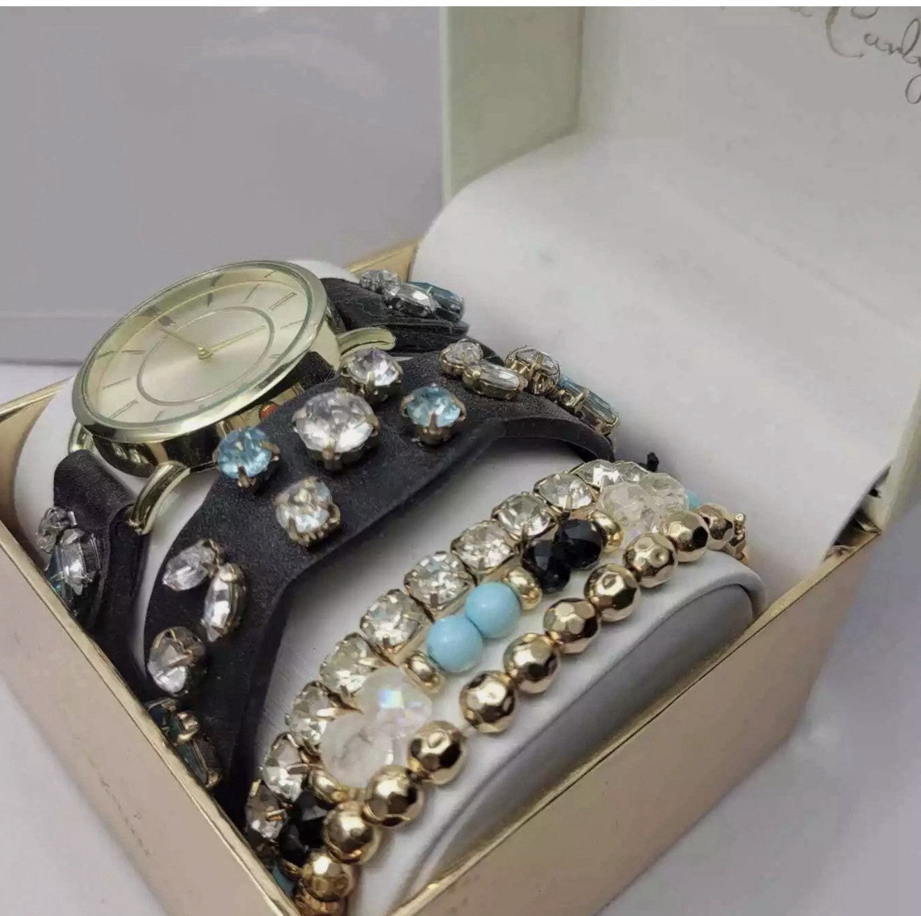 Jessica CarlyleWomen's Analog Black Jeweled Strap Watch 34mm Matching Bracelets