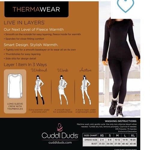 NEW Cuddl Duds Long Sleeve Crew Womens Base Layer Black M