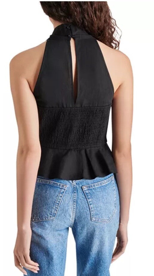 STEVE MADDEN Kosta Crossover Linen Peplum Top Black Large 