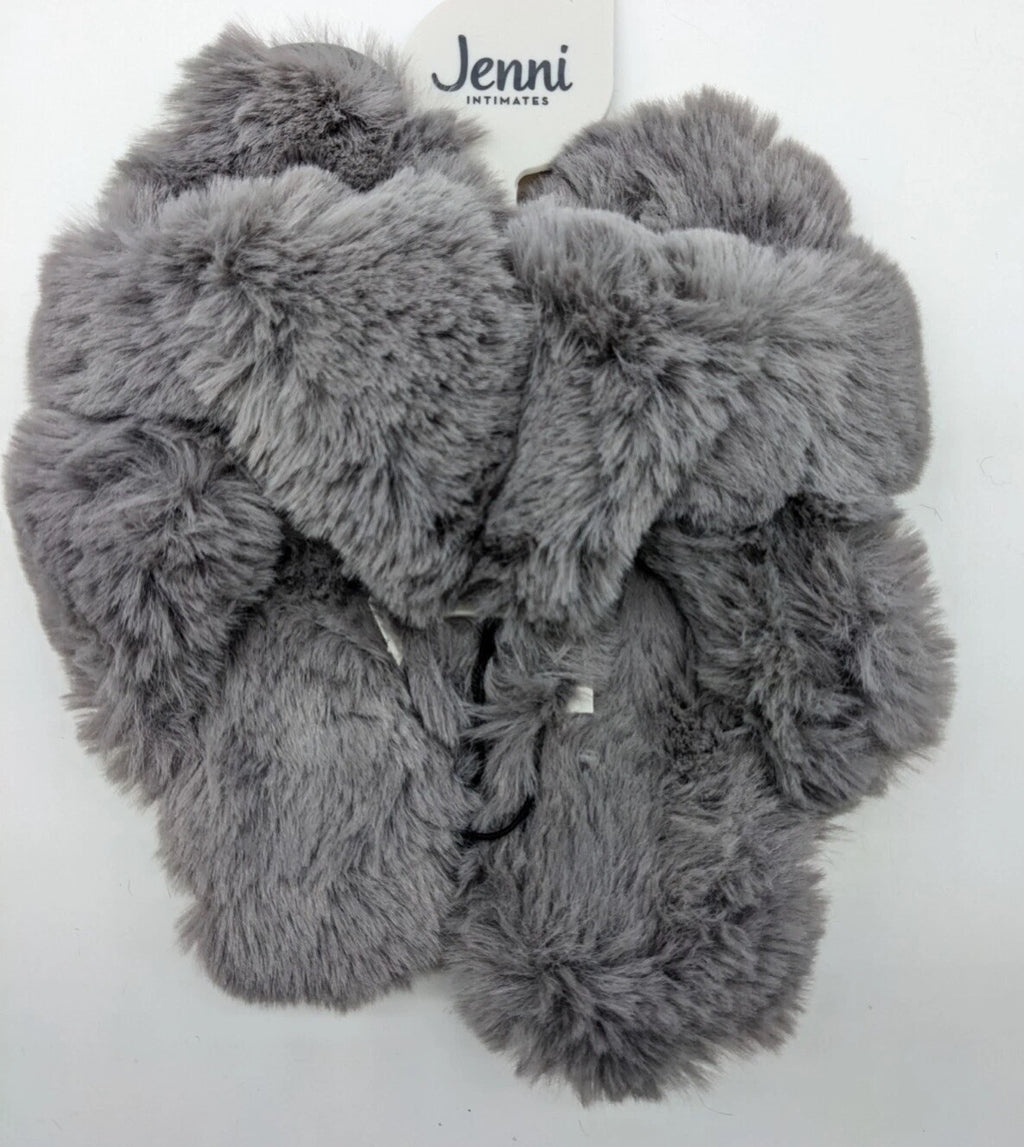 JENNI Intimates faux fur crossband open-toe slide slippers GREY Size L 9-10
