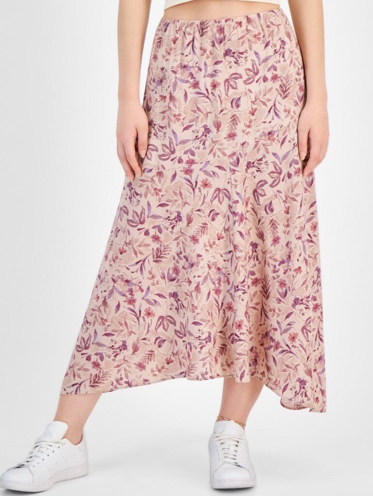 Hippie Rose Juniors' Printed Asymmetric Maxi Skirt - Blush Floral, Size XL