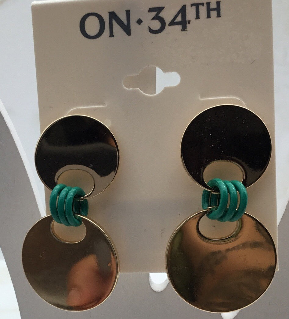 NWT On 34th Gold-Tone Disc & Green Color Ring Drop Earrings Trendy Summer Spring