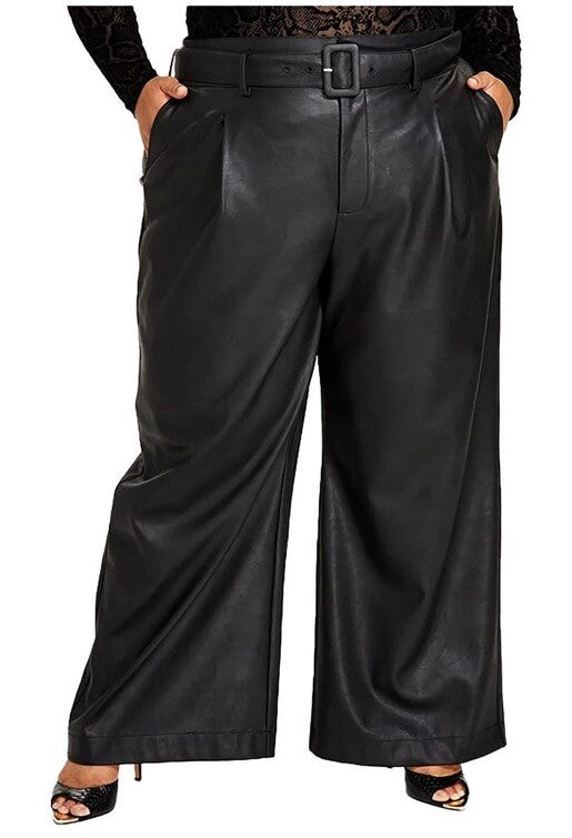 Nina Parker Black Solid Plus Women's Faux Leather Belted Wide Leg Pants NWT 16W