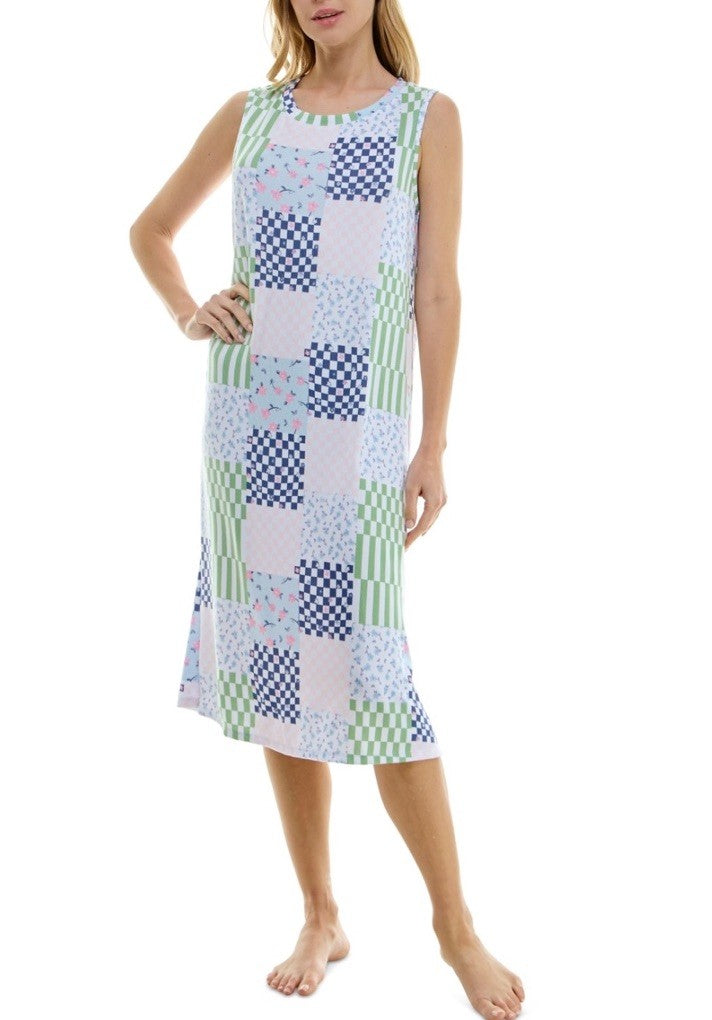 Roudelain Women's Printed Sleeveless Nightgown - Ditsy Check, X-LARGE