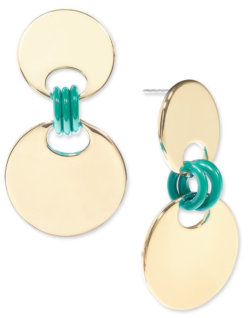 NWT On 34th Gold-Tone Disc & Green Color Ring Drop Earrings Trendy Summer Spring
