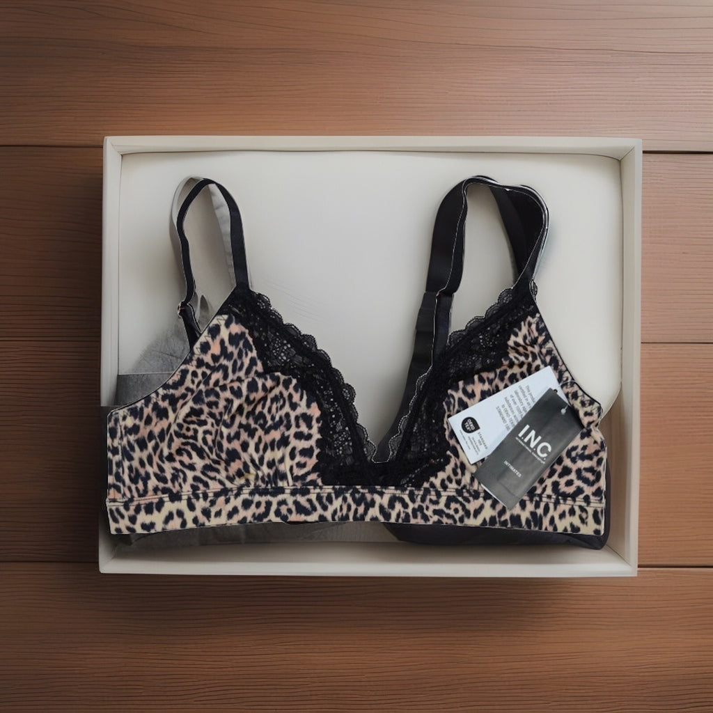 I.n.c. International Concepts Women's Satin Micro Bralette, Cheetah, LARGE