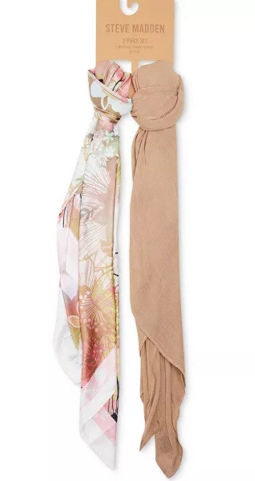 Steve Madden Women's Satin Square & Gauze Scarf Set - Floral & Nude 35"