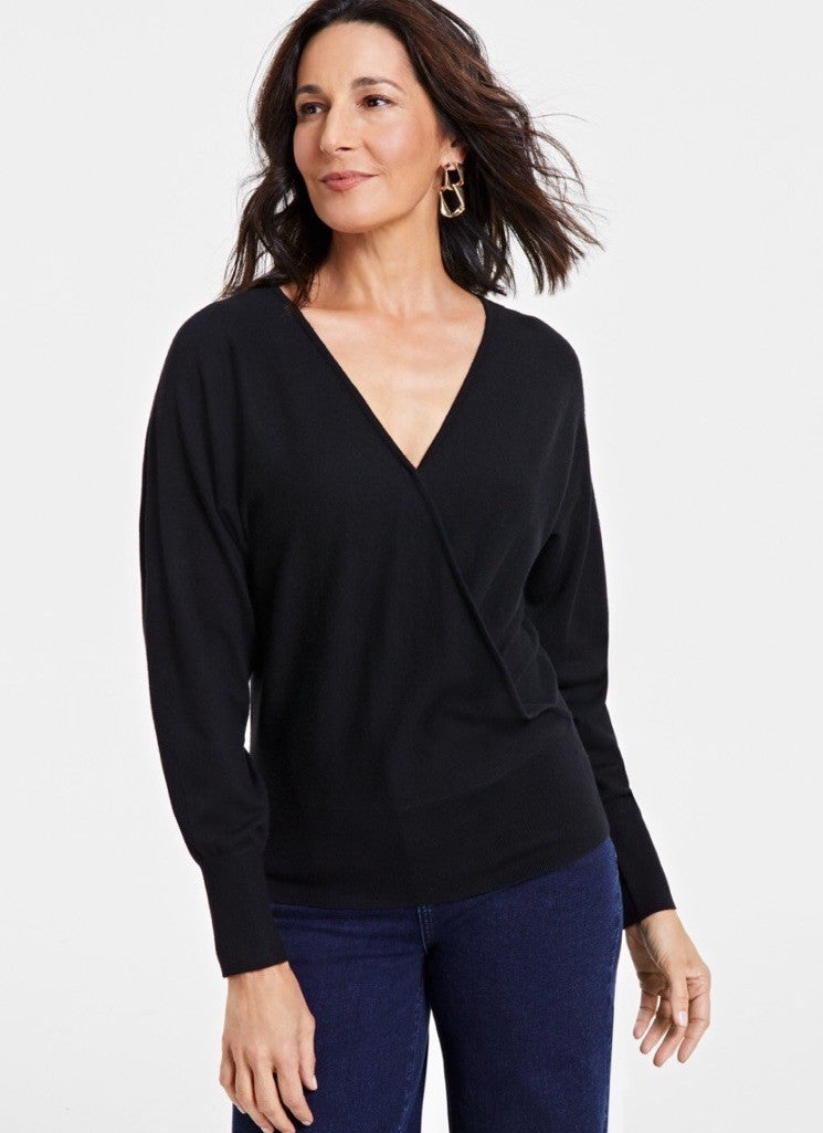 I.N.C. International Concepts Women's Surplice Long-Sleeve Sweater Black XS