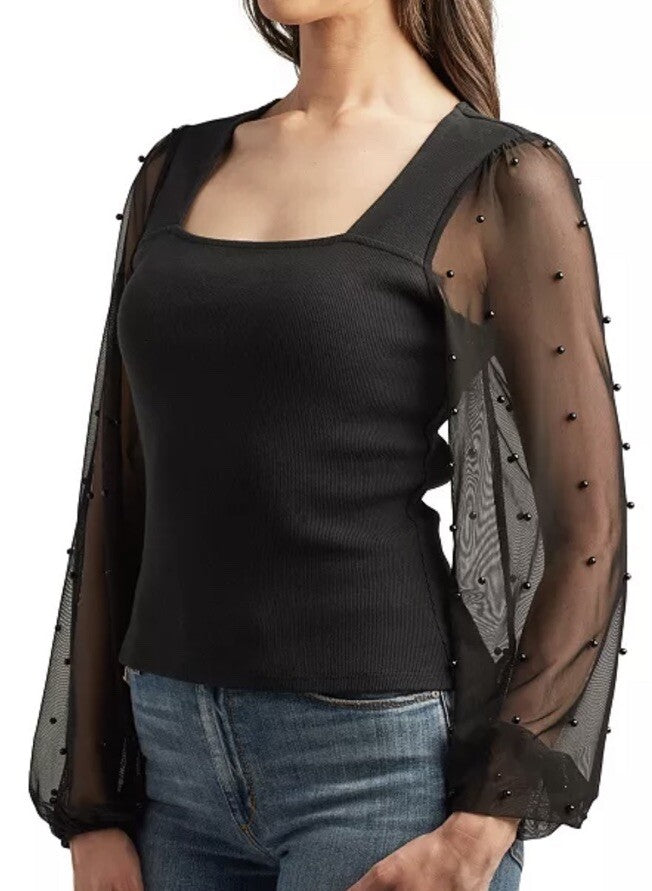 BCX Juniors' Square-Neck Beaded Balloon-Sleeve Top Black XS