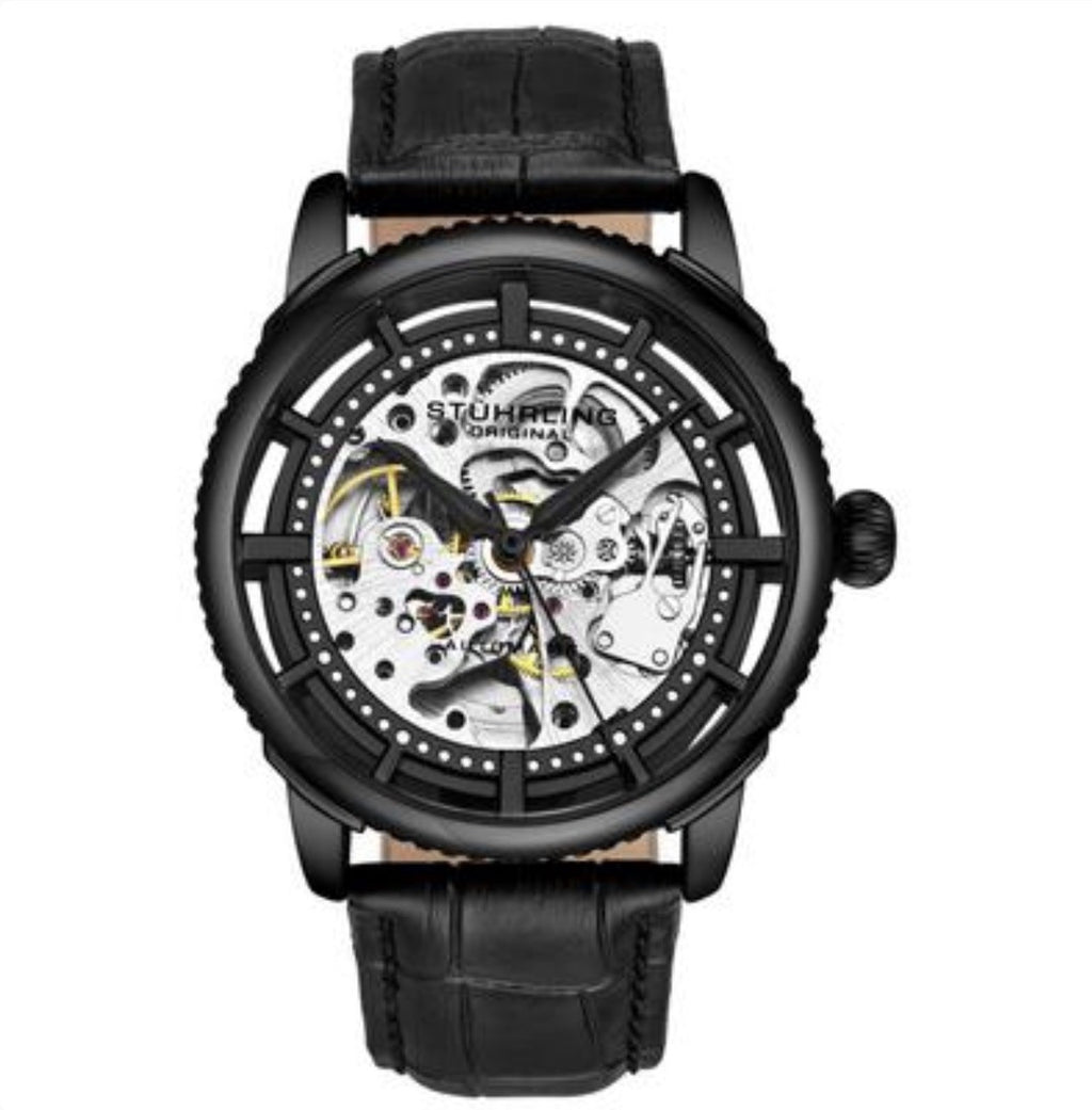 StuhrlingMen's Black Alligator Embossed Genuine Leather Strap Watch 42mm